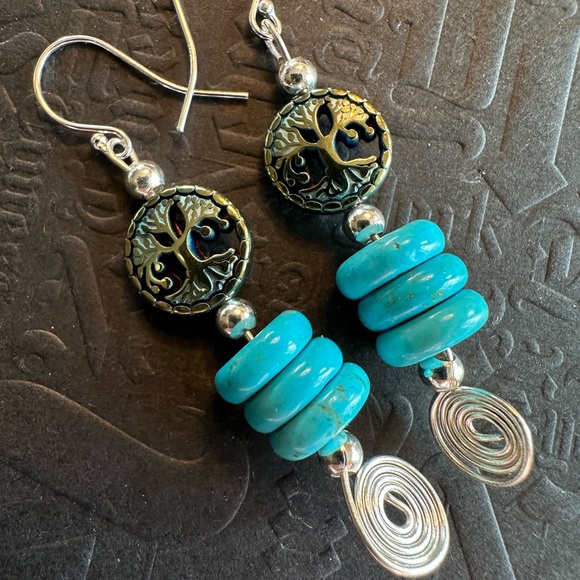 ARTISAN Tree of Life Turquoise Heishi Bead Wire Wrapped Sterling Earrings 2 1/3” - Picture 4 of 7